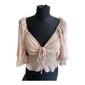 Evolutionary Women's Sheer Long Sleeve Smocked Crop Top Glitter ~ Size M